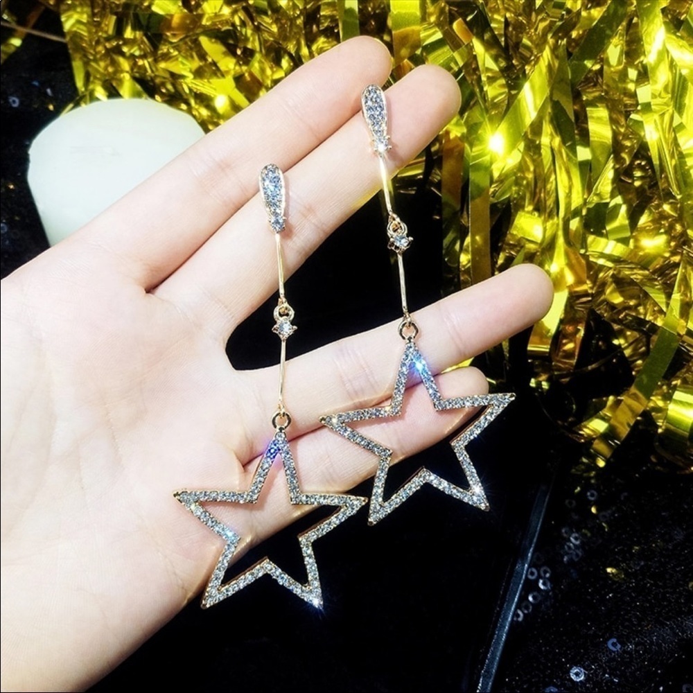 Star Shaped Cubic Zirconia Bling Silver Plated Drop Earrings - Picture 5 of 7